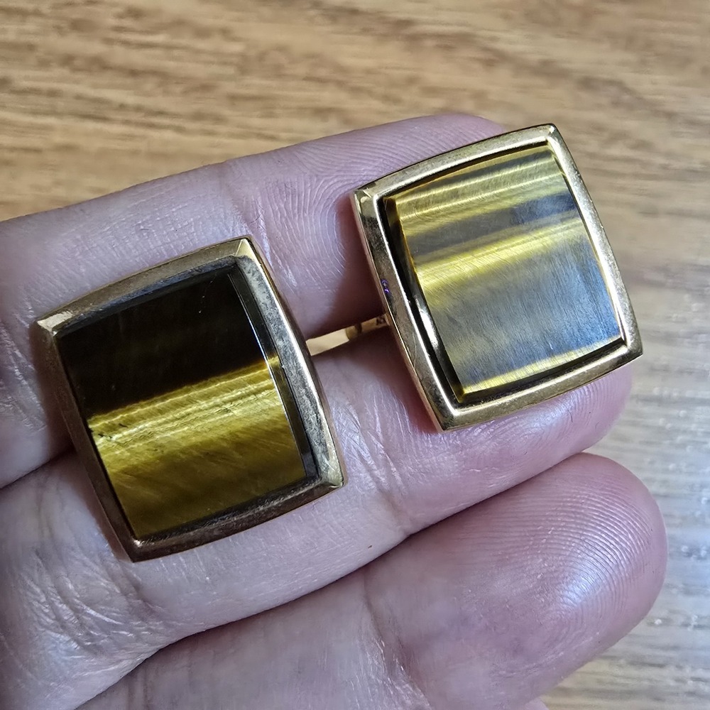 VTG Tigers Eye Gold Tone Rectangular Cufflinks MCM Sign Germany Father Executive